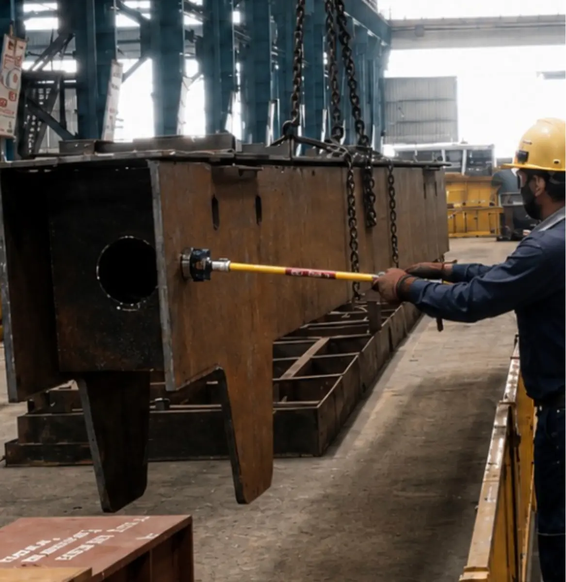 Worker using a PSC stand-off tool to guide a structural load